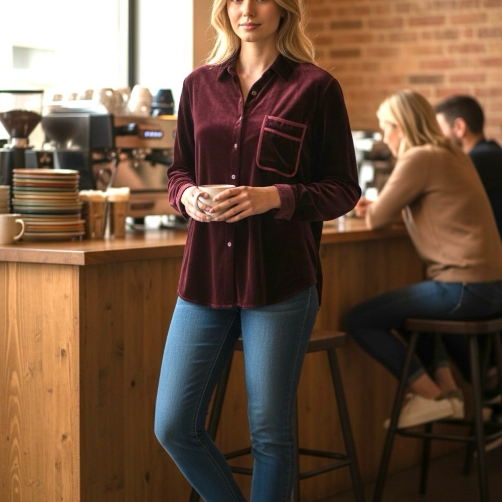 💜 3 for $20💜 Velvet/ Velour Button Up Burgundy Long Sleeve Top fits M-XL